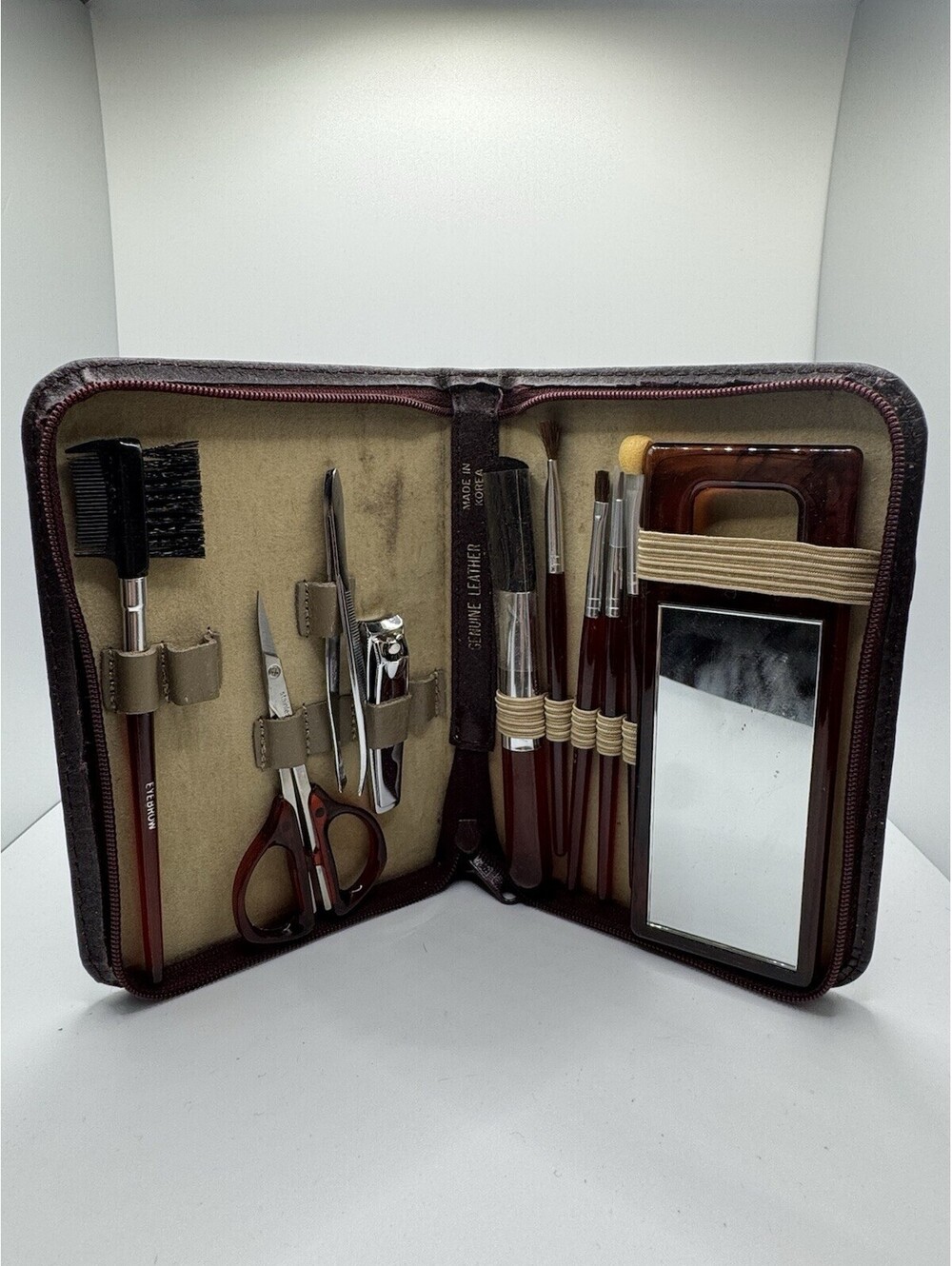 Vintage Brown Leather Travel Grooming Makeup Kit Mirror Brushes Korea Retro